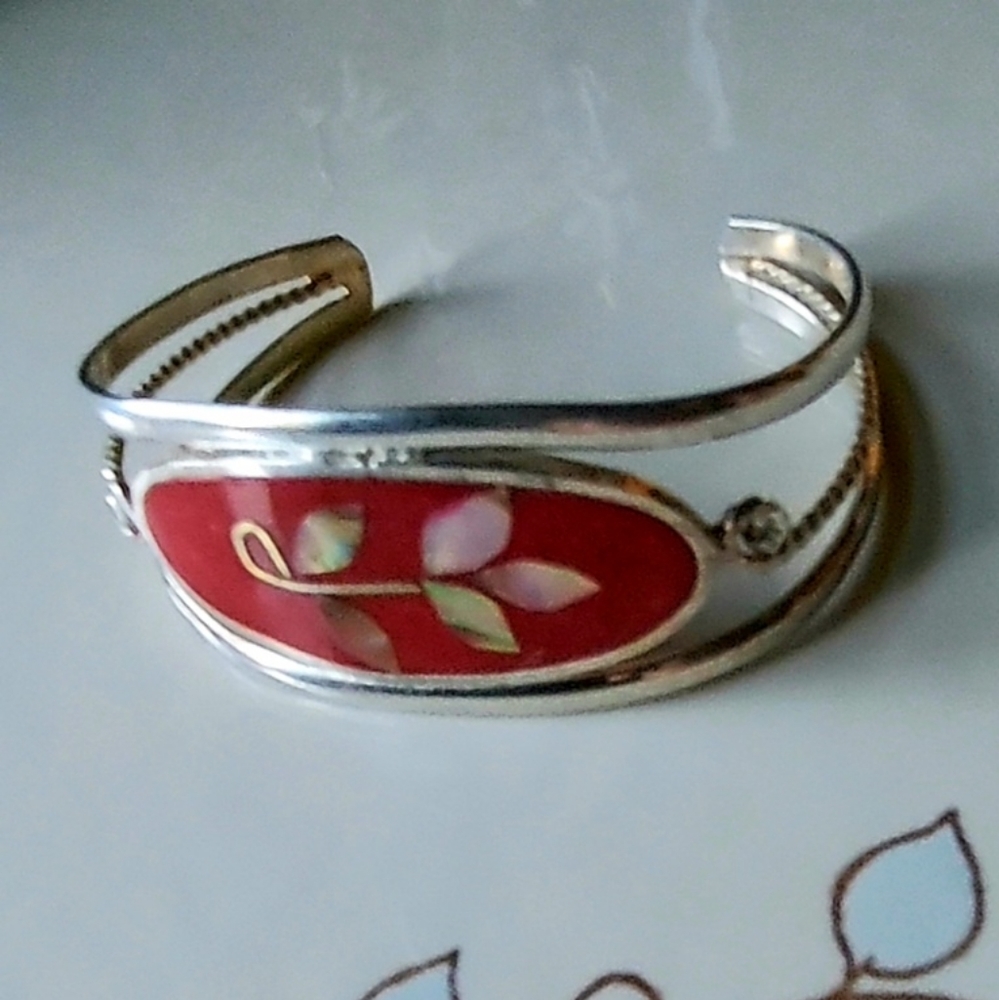 Mexican Silver Cuff Red Bracelet Fillagree Inlaid Mother of Pearl Abalone + …